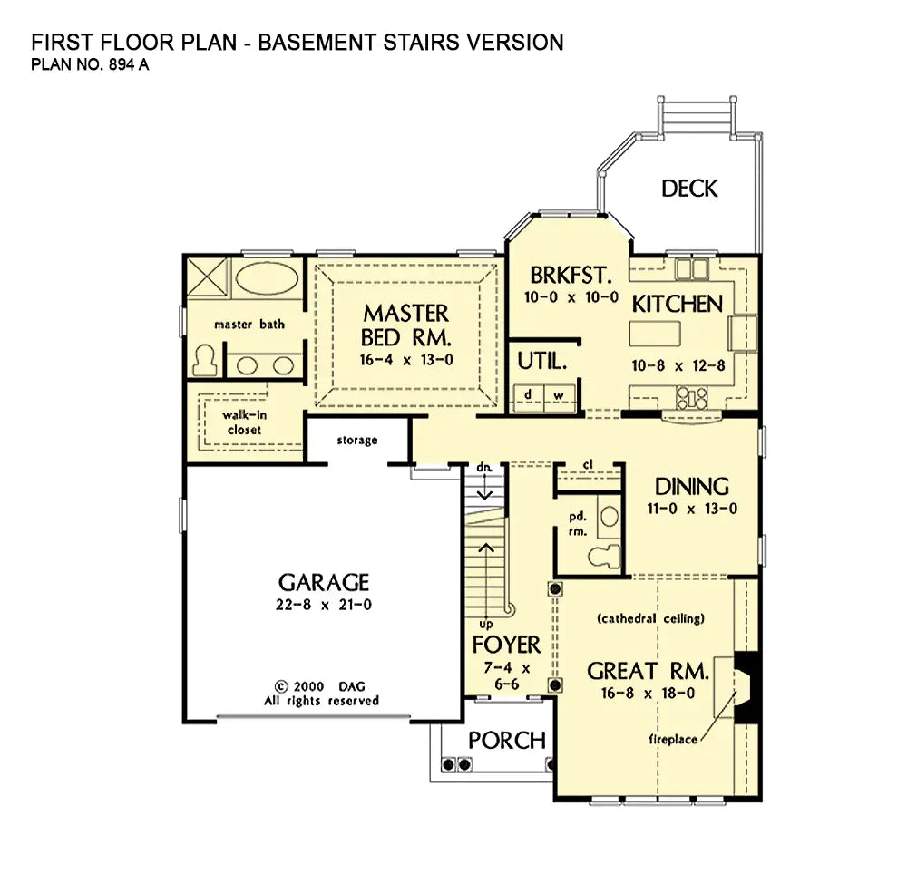 This is the first floor plan image for family house plan 894 The Carlton if the home is built over a basement