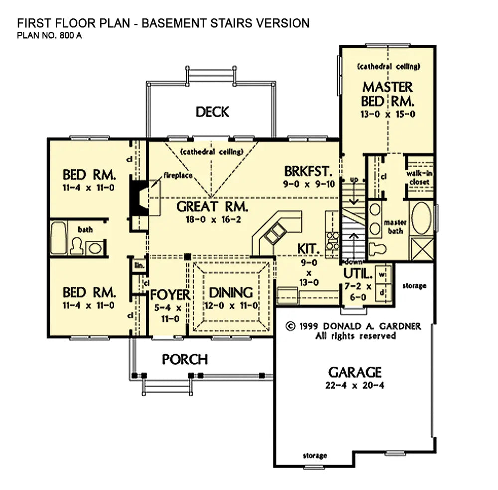 This is the first floor plan image for simple house plan 800 The Carmichael if the home is built over a basement