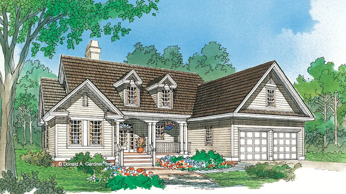 This is an illustration of the front of small house plan 758 The Carriageparke