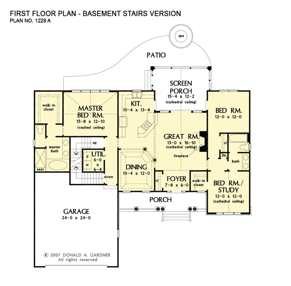 This is the first floor plan image for craftsman house plan 1229 The Carrollton if the home is built over a basement