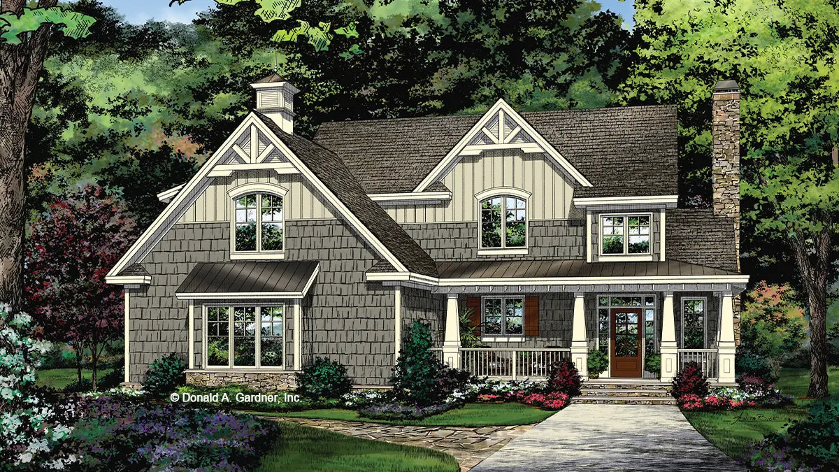 This is an illustration of the front of Craftsman house plan 1423 The Carson