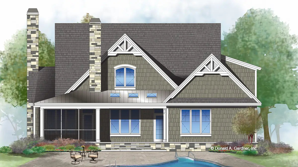 This is an illustration of the rear of two story house plan 1423 The Carson