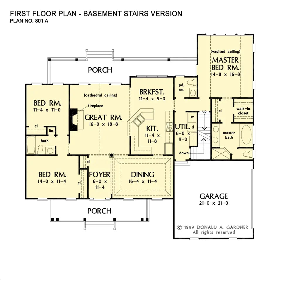 This is the first floor plan image for three bedroom house plan 801 The Cartwright if the home is built over a basement