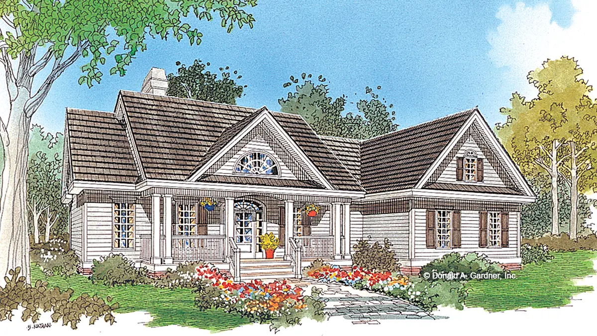 This is an illustration of the front of simple house plan 801 The Cartwright