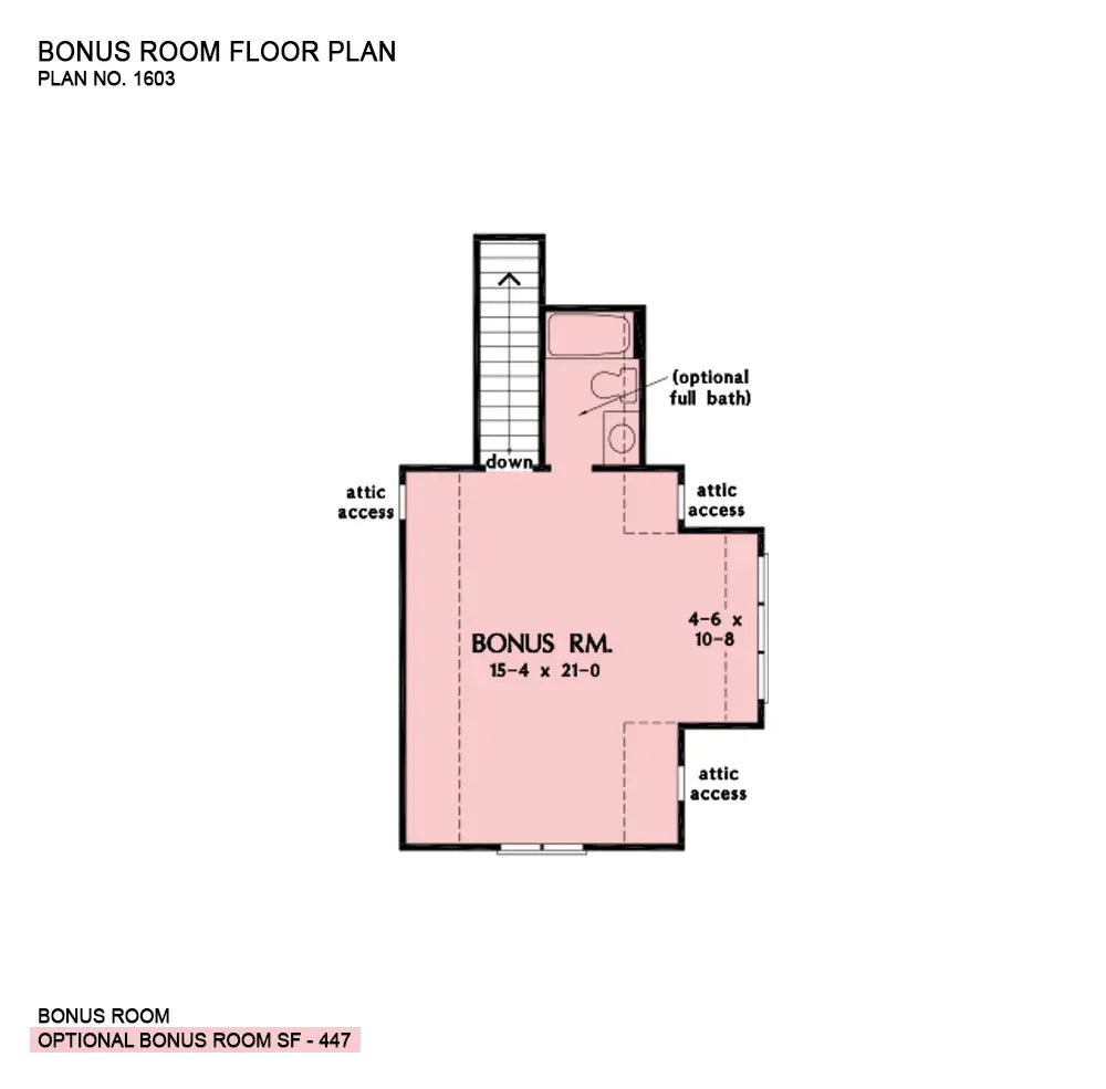 This is the bonus room floor plan image for one story house plan 1603 The Cassian