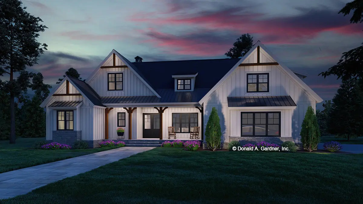 This is an illustration of the front of one story house plan 1603 The Cassian at dusk