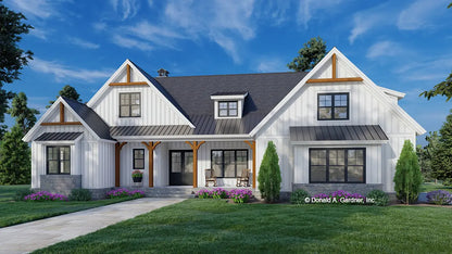 This is an illustration of the front of modern farmhouse house plan 1603 The Cassian