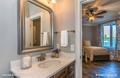 Single sink vanity in the bathroom. The Cedar Court plan 5004.