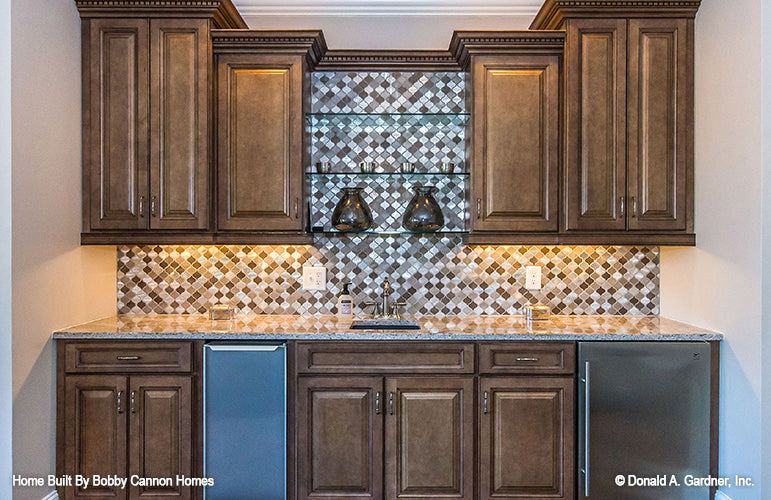 Backsplash and cabinets at the wet bar. The Cedar Court plan 5004.