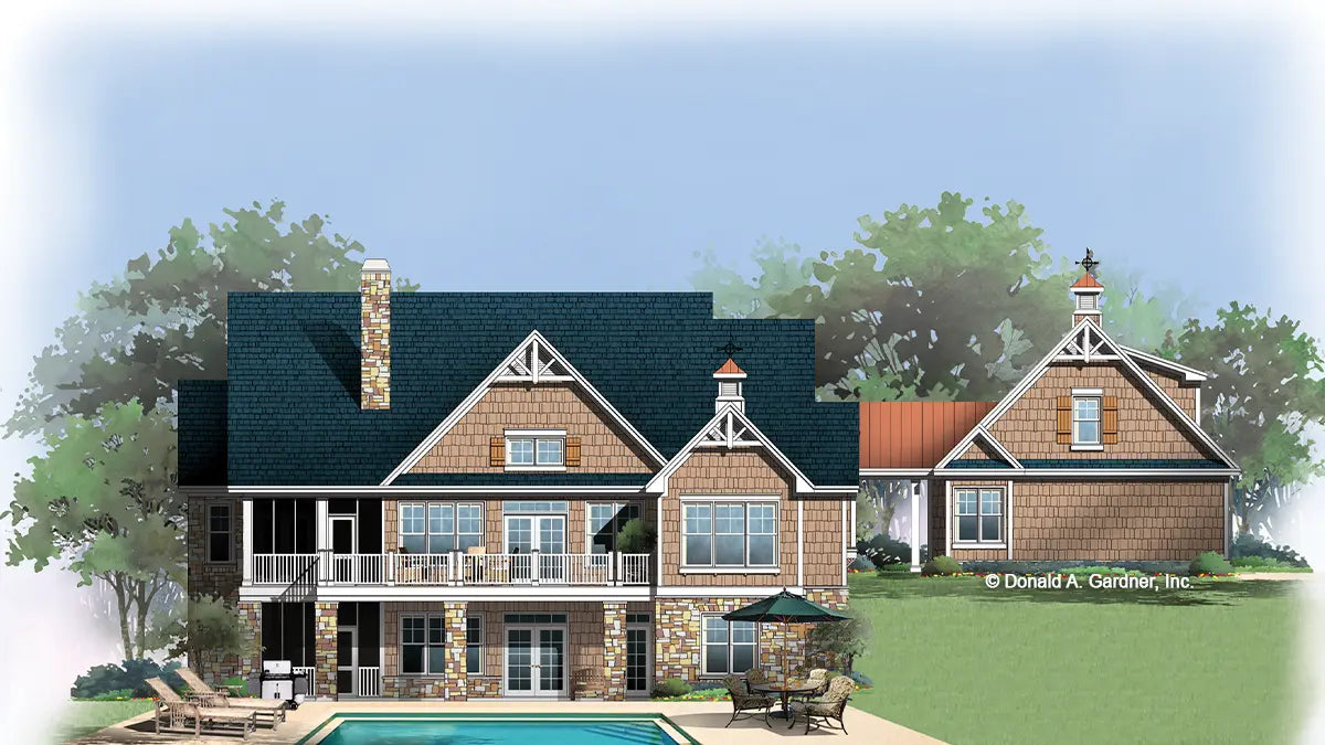 This is an illustration of the rear of walkout basement house plan 1125 The Cedar Ridge