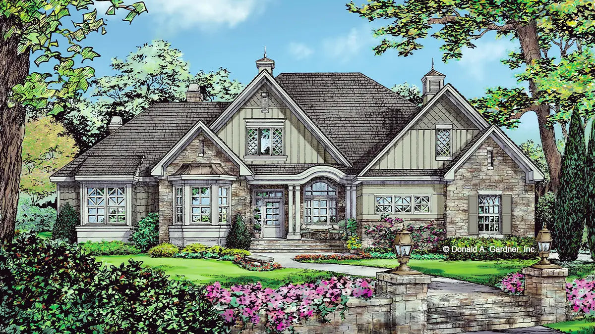 This is an illustration of the front of European house plan 1323 The Celeste