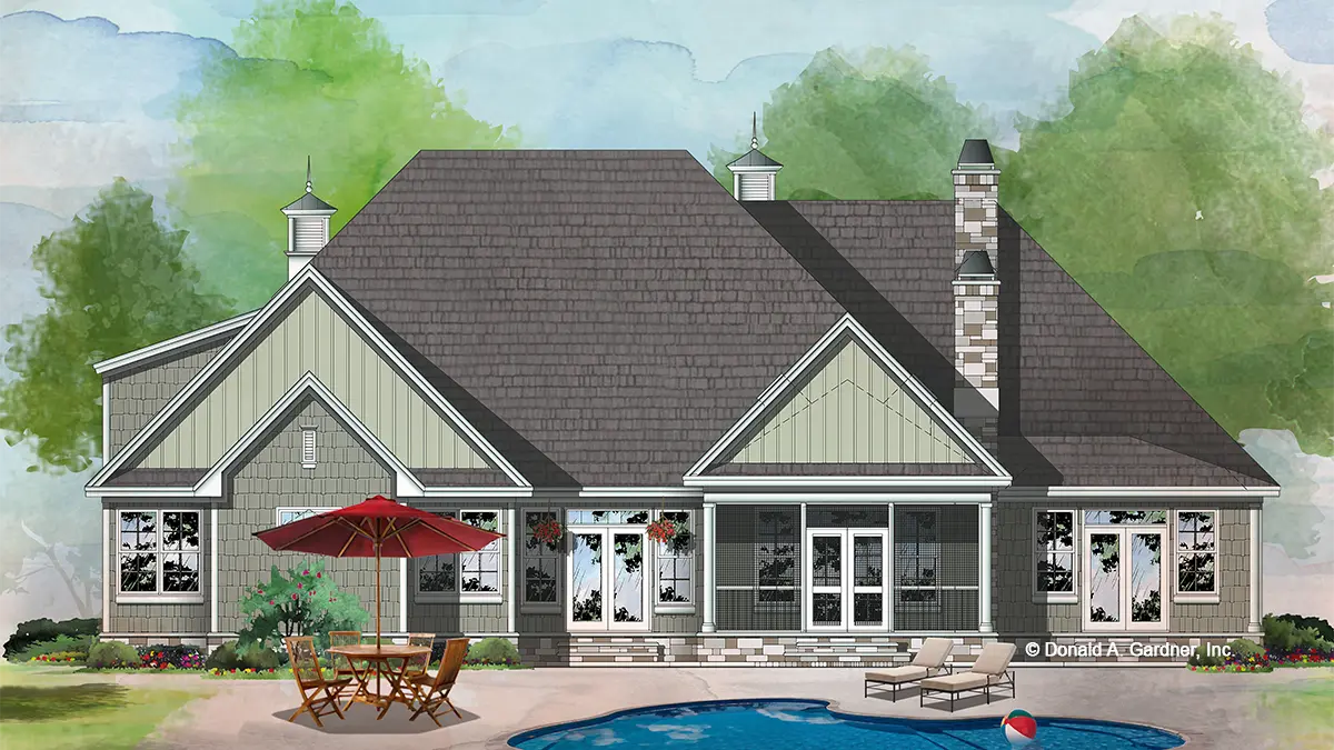 This is an illustration of the rear of one story house plan 1323 The Celeste