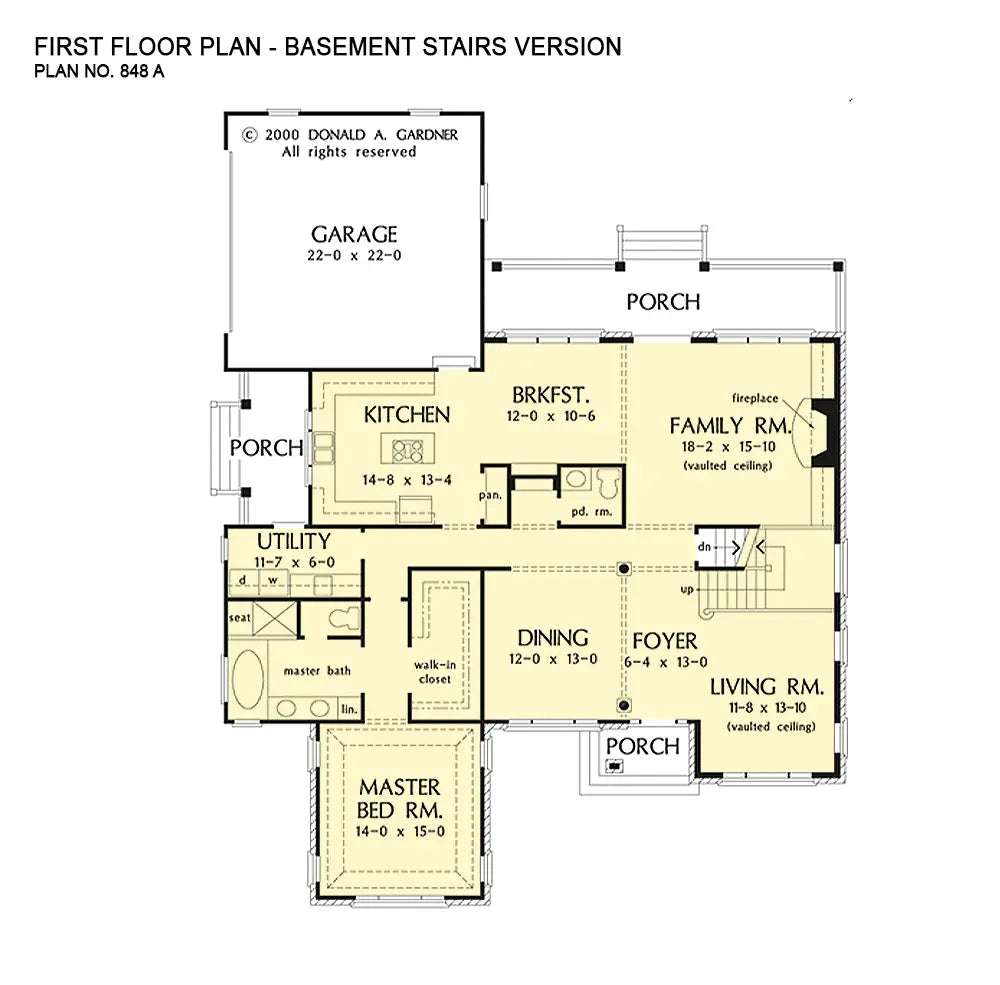 This is the first floor plan image for four bedroom house plan 848 The Chadwicke if the home is built over a basement