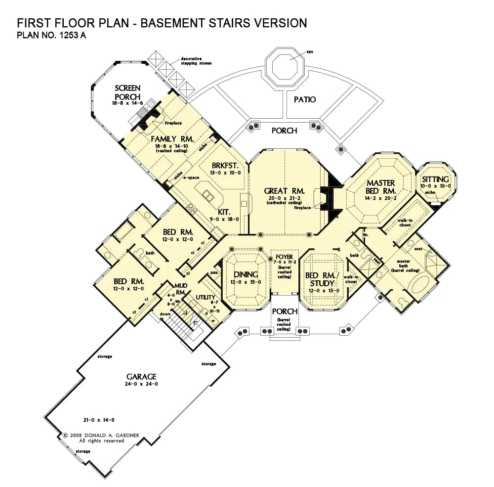 This is the first floor plan image for luxury house plan 1253 The Chamberlaine if the home is built over a basement