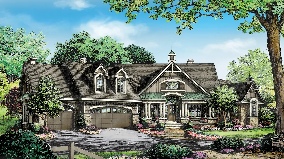 This is an illustration of the front of craftsman house plan 1253 The Chamberlaine