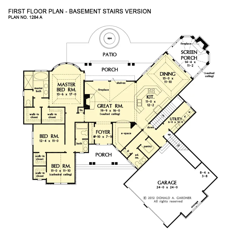 This is the first floor plan image for cottage house plan 1284 The Champlain if the home is built over a basement