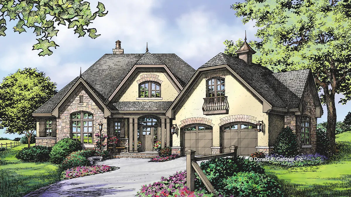 This is an illustration of the front of French country house plan 1284 The Champlain