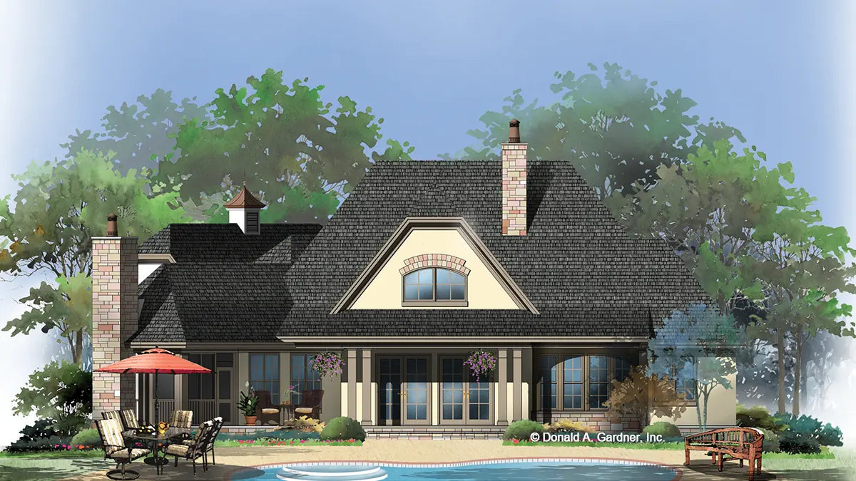 This is an illustration of the rear of cottage house plan 1284 The Champlain