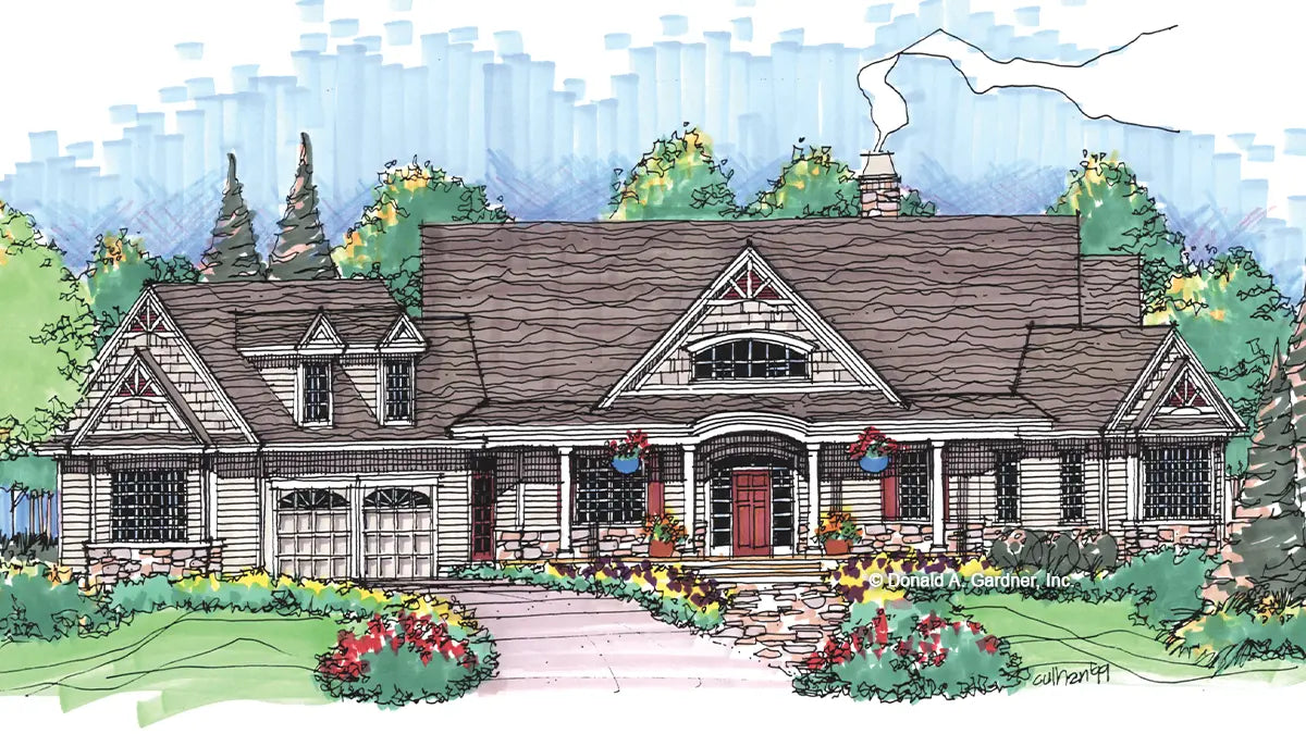 Front view illustration with two-car garage. The Chanticleer plan 810.