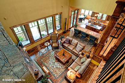 Second story loft view down into the great room. The Chanticleer plan 810.