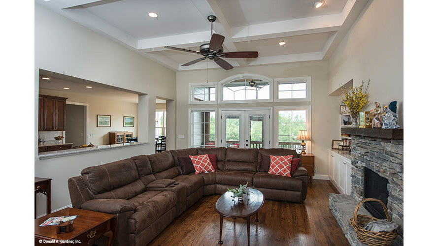 Coffered ceiling with recessed lights in the great room. The Charlevoix plan 1068,