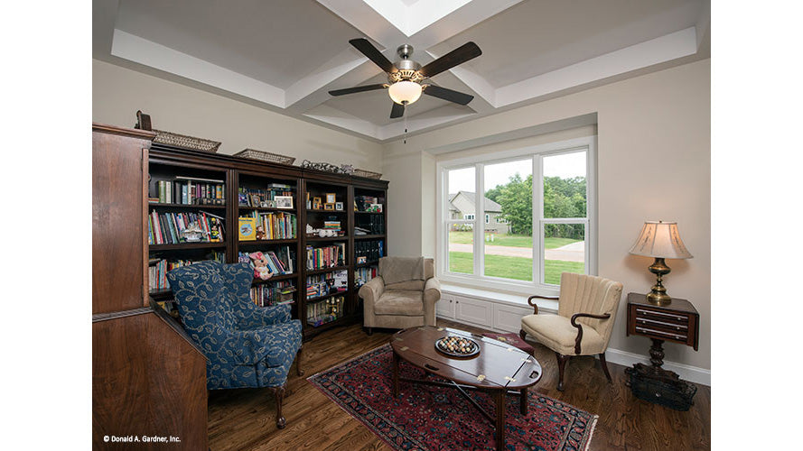 Coffered ceiling in the study. The Charlevoix plan 1068.