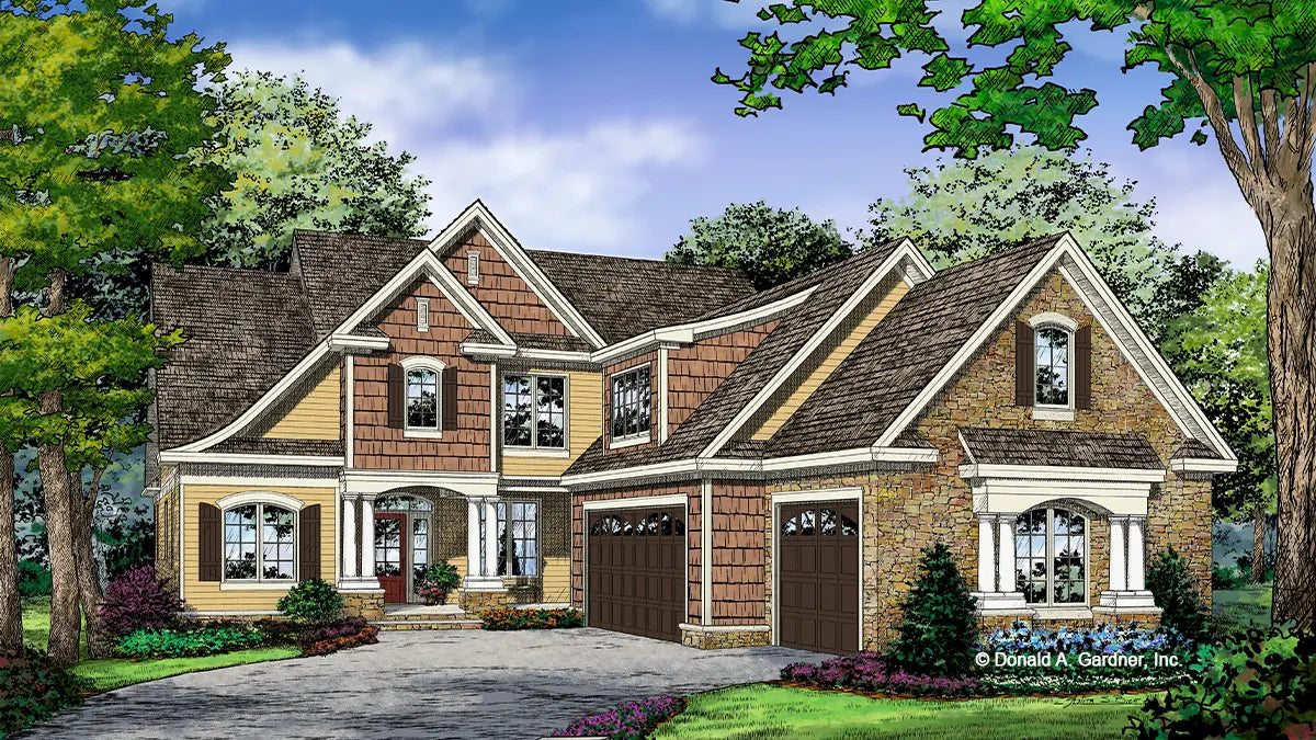 This is an illustration of the front of narrow lot house plan 1363 The Charlotte