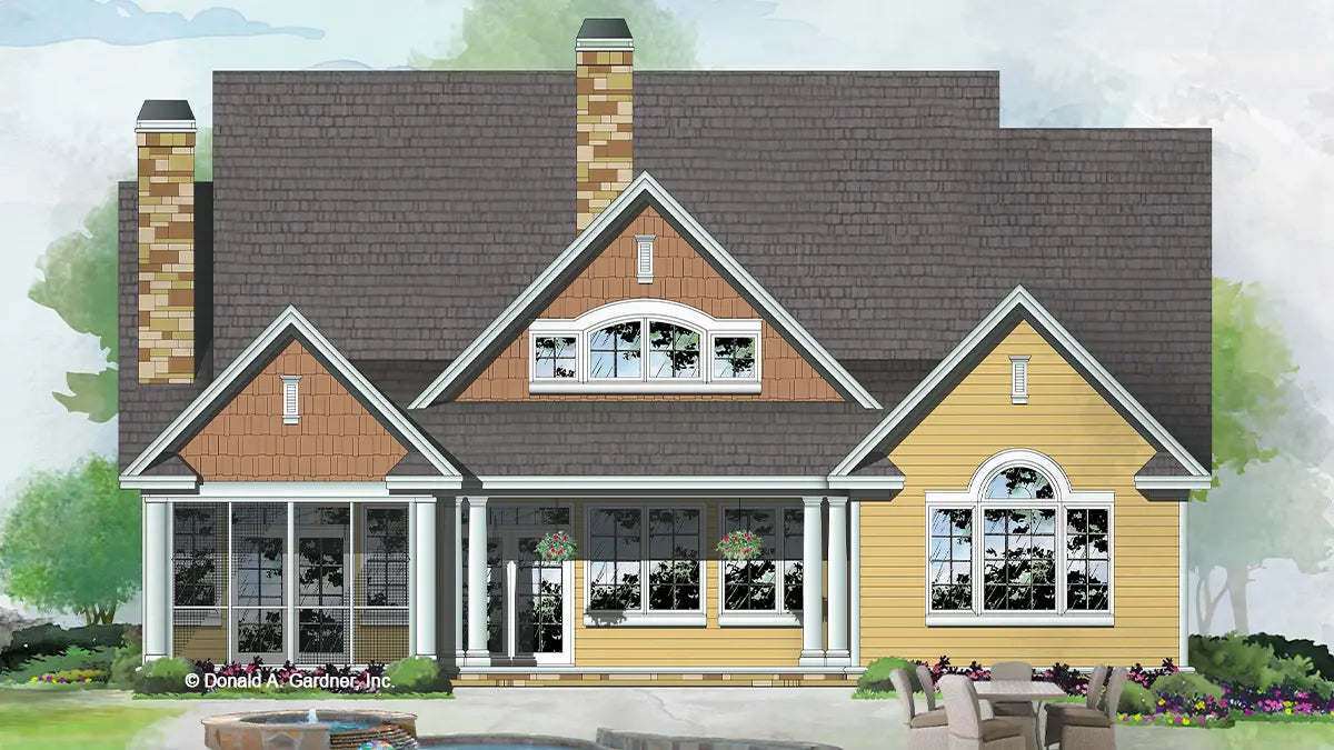 This is an illustration of the rear of four bedroom house plan 1363 The Charlotte