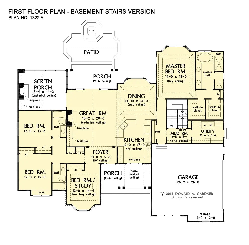 This is the first floor plan image for traditional house plan 1322 The Charlton if the home is built over a basement