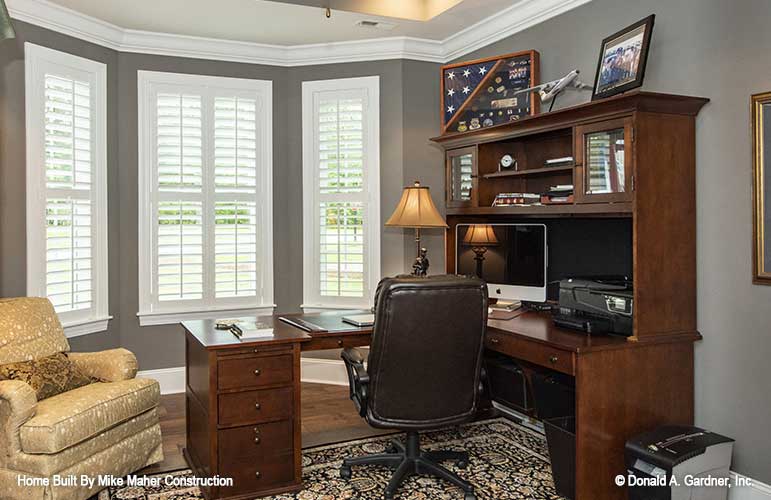 Study picture showing ceiling and front windows for house plan 1322 The Charlton