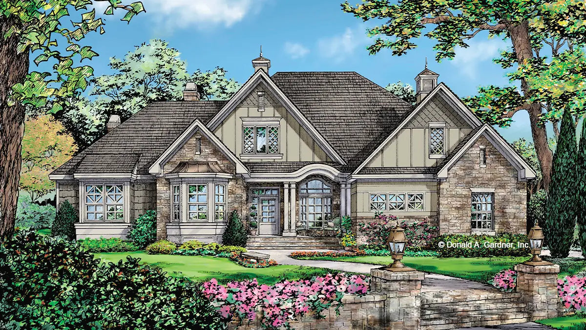 This is an illustration of the front of one story house plan 1322 The Charlton