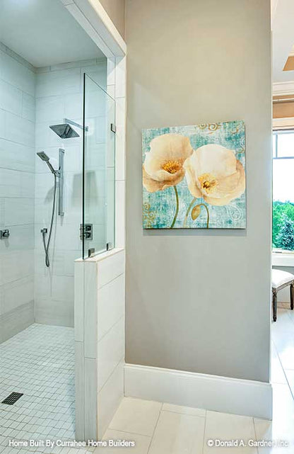 Open walk-in shower in the master bathroom. The Chatsworth plan 1301.