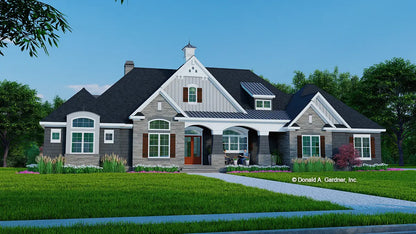 This is an illustration of the front of European Luxury house plan 1379 The Chaucer