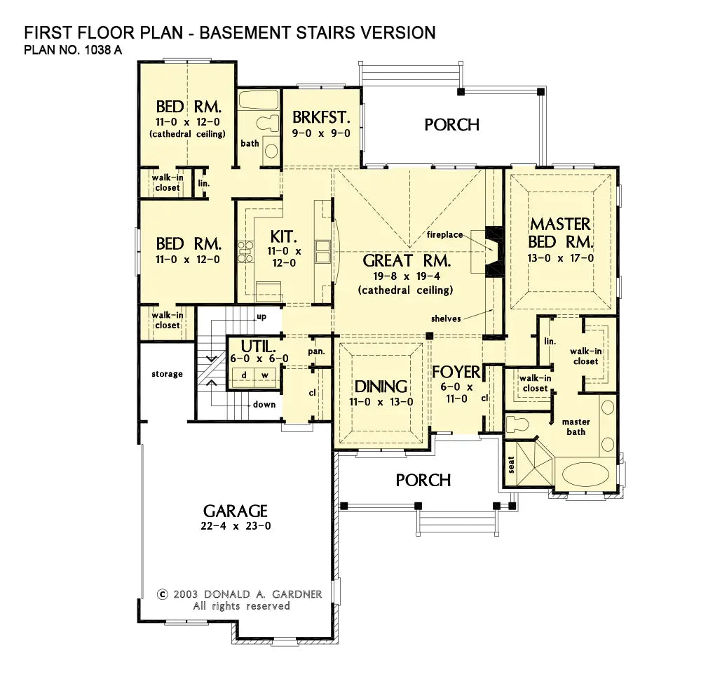 This is the first floor plan image for one story house plan 1038 The Checkerberry if the home is built over a basement