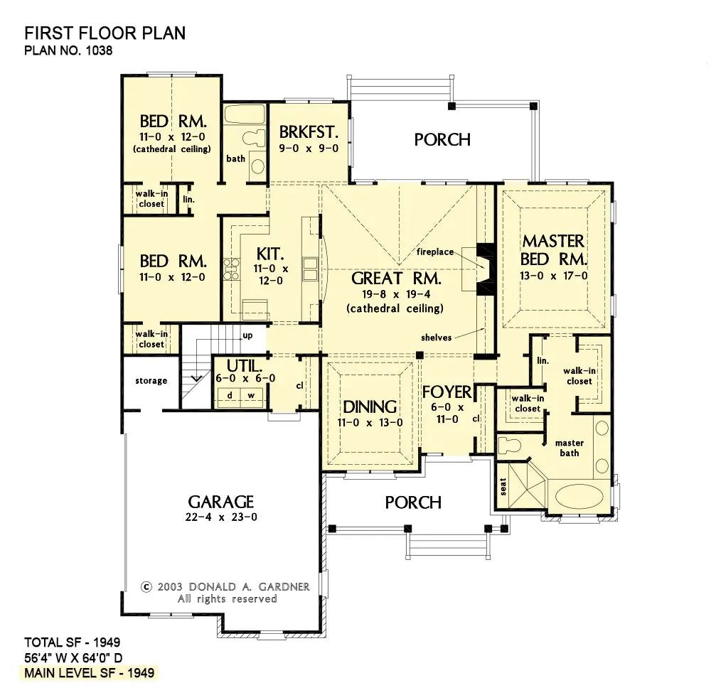 This is the first floor plan image for three bedroom house plan 1038 The Checkerberry