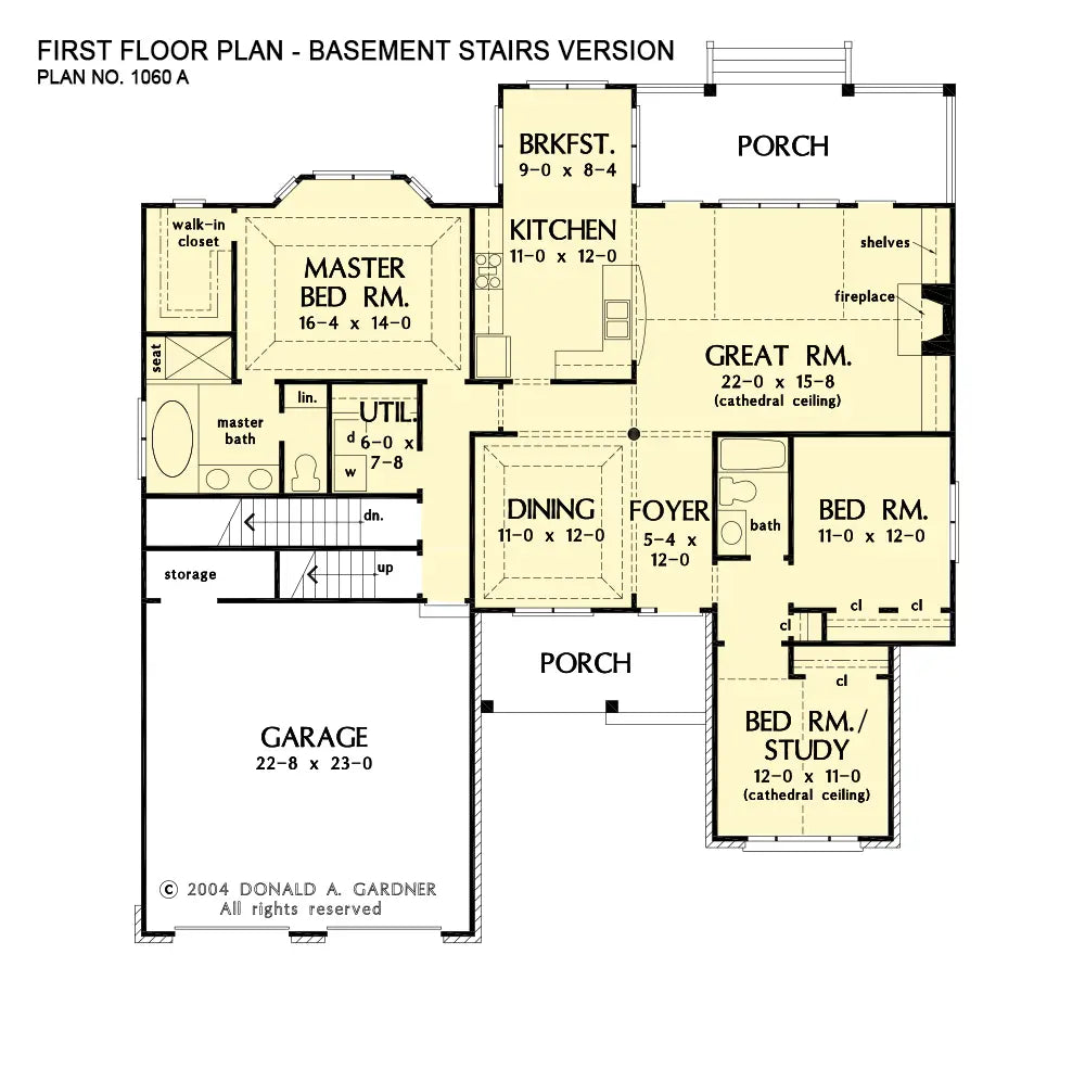 This is the first floor plan image for brick house plan 1060 The Cheraw if the home is built over a basement