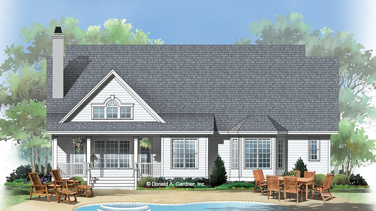 This is an illustration of the rear of brick house plan 1060 The Cheraw