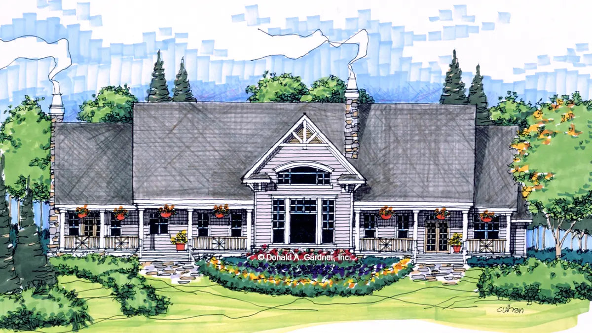 Rear view illustration of a craftsman style home. The Chespeake plan 783.