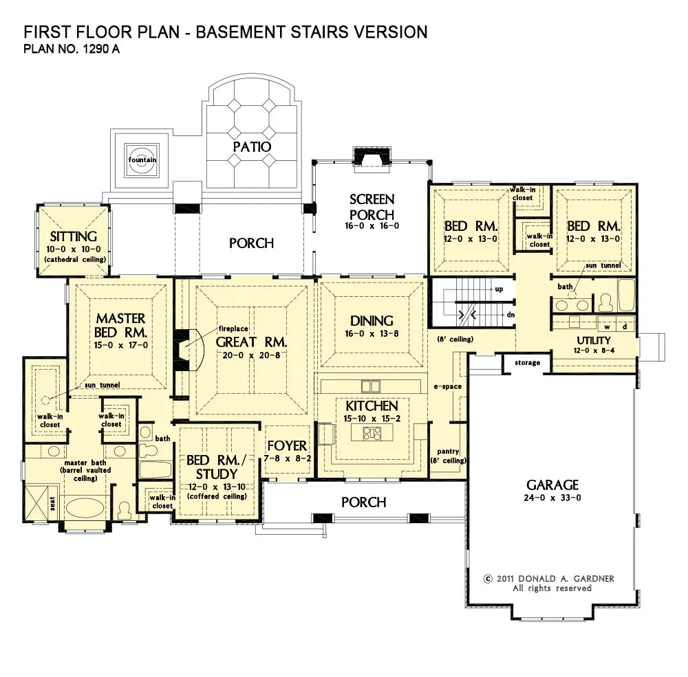 This is the first floor plan image for luxury house plan 1290 The Chesnee if the home is built over a basement