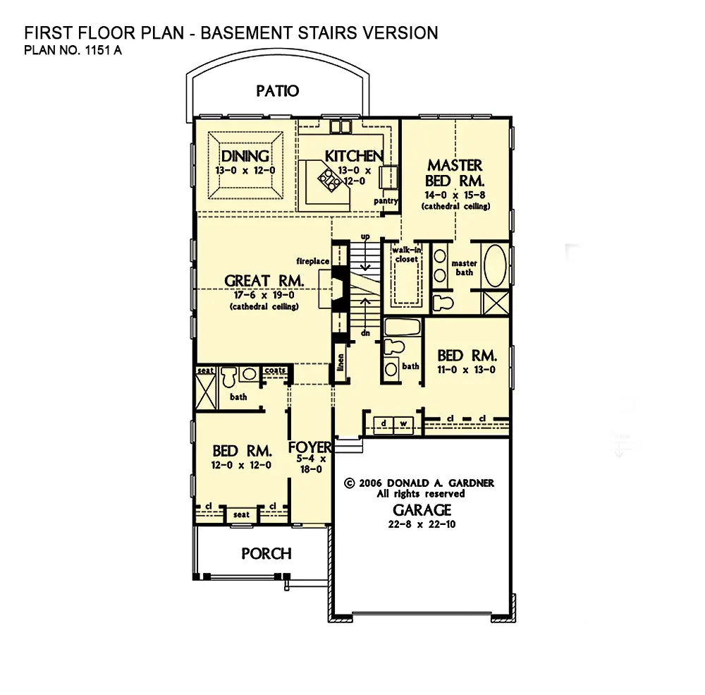 This is the first floor plan image for cottage house plan 1151 The Chesterfield if the home is built over a basement