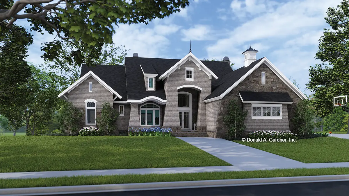 This is an illustration of the front of Rustic Walkout Basement house plan 1368 The Cheyenne