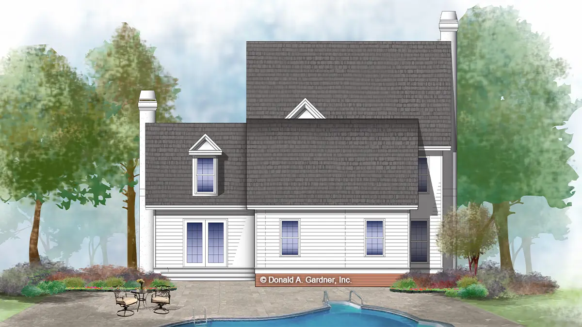 This is an illustration of the rear of two story house plan 278 The Claiborne