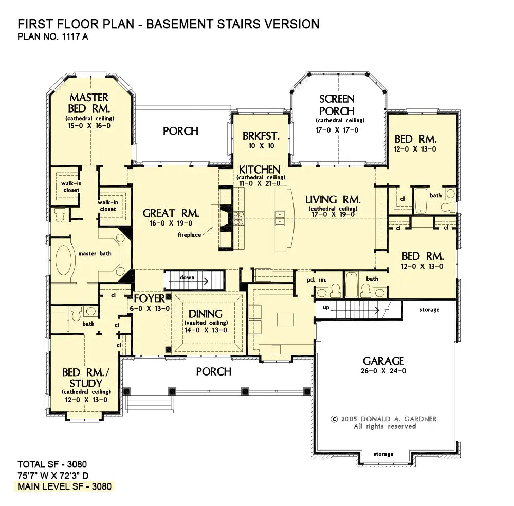 This is the first floor plan image for brick house plan 1117 The Clarkson if the home is built over a basement