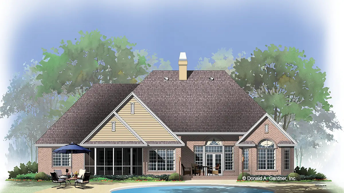 This is an illustration of the rear of brick house plan 1117 The Clarkson