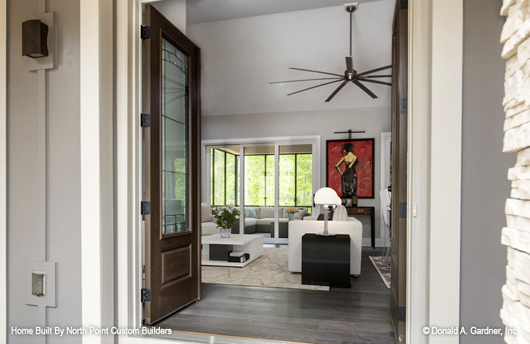 Looking in through the foyer for Craftsman house plan 1272 The Clearlake