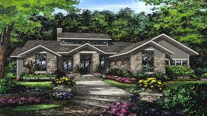 This is an illustration of the front of Modern house plan 1272 The Clearlake