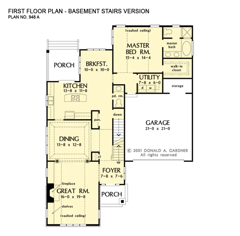 This is the first floor plan image for European house plan 948 The Cleary if the home is built over a basement