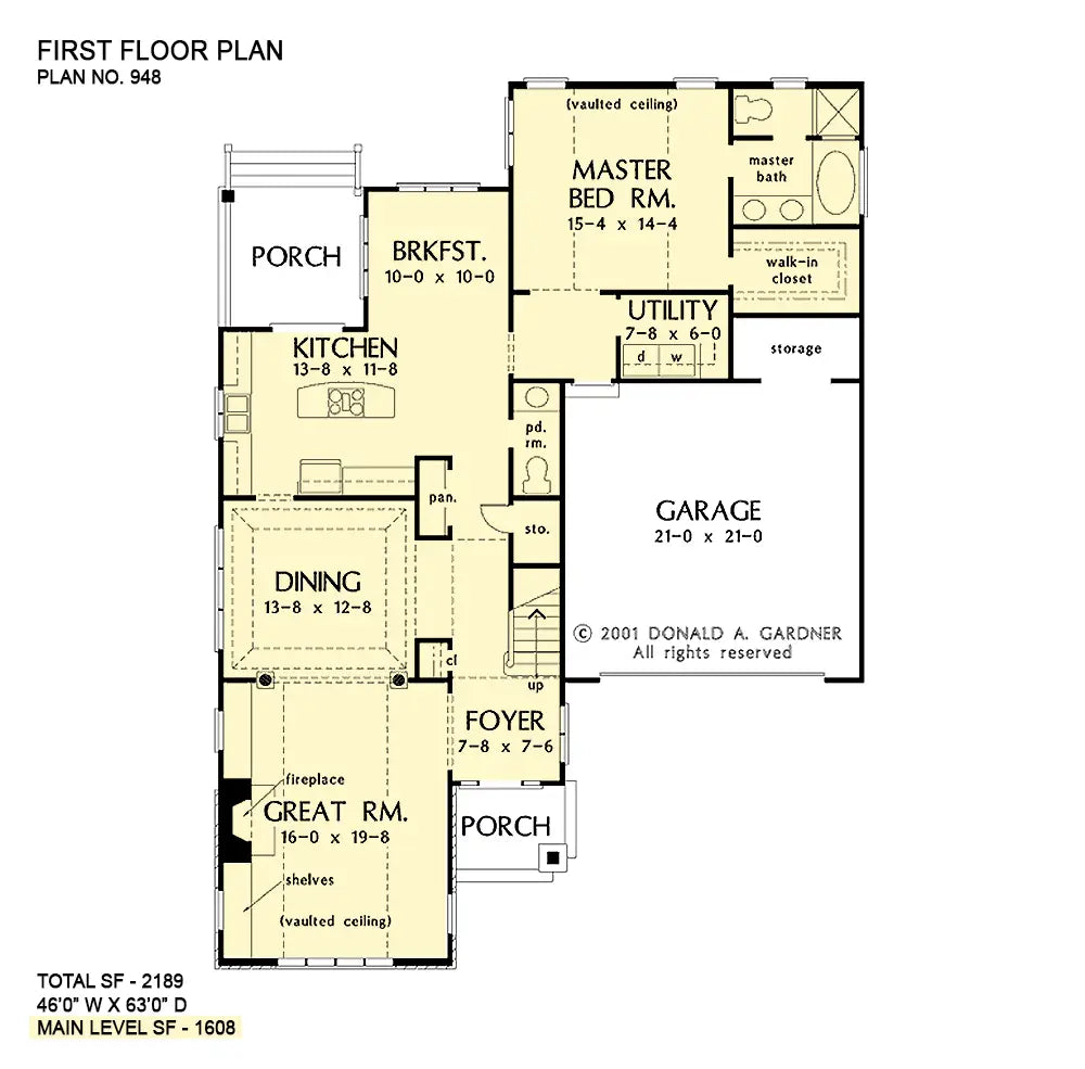 This is the first floor plan image for three bedroom house plan 948 The Cleary