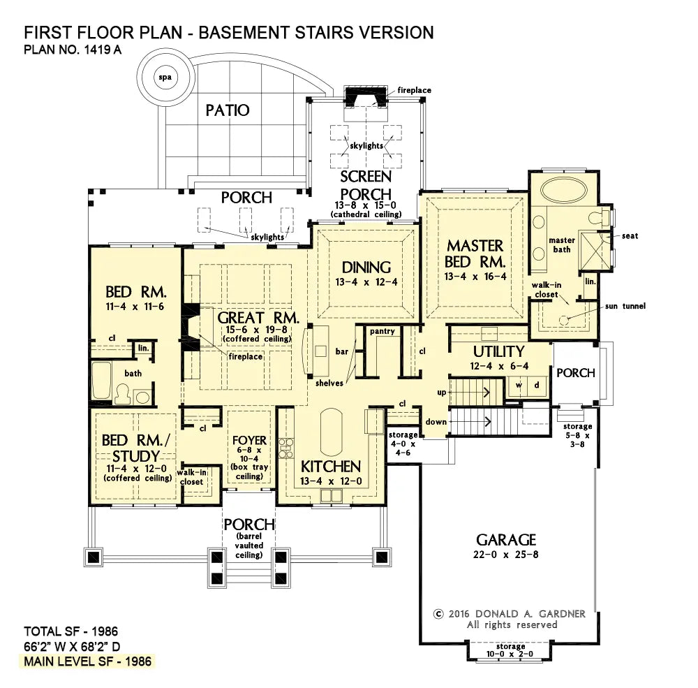 This is the first floor plan image for one bedroom house plan 1419 The Cline if the home is built over a basement