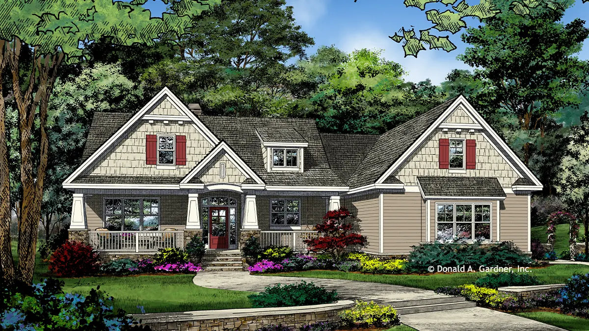 This is an illustration of the front of cottage house plan 1419 The Cline